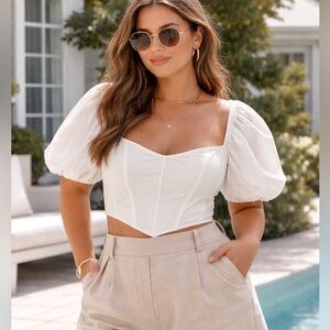 NWT SABO Rumi Puff Sleeve Crop Top White Cotton Linen Blend Neutral Size 8